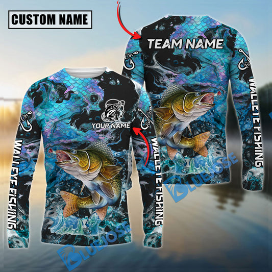 Bluejose Walleye Fishing Blue Fishing Skin Pattern Name & Team Name 3D Shirts