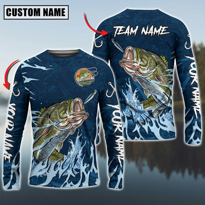 Bluejose Bass Fishing Navy Water Pattern Custom Name &amp; Team Name 3D Shirts