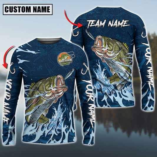 Bluejose Bass Fishing Navy Water Pattern Custom Name & Team Name 3D Shirts