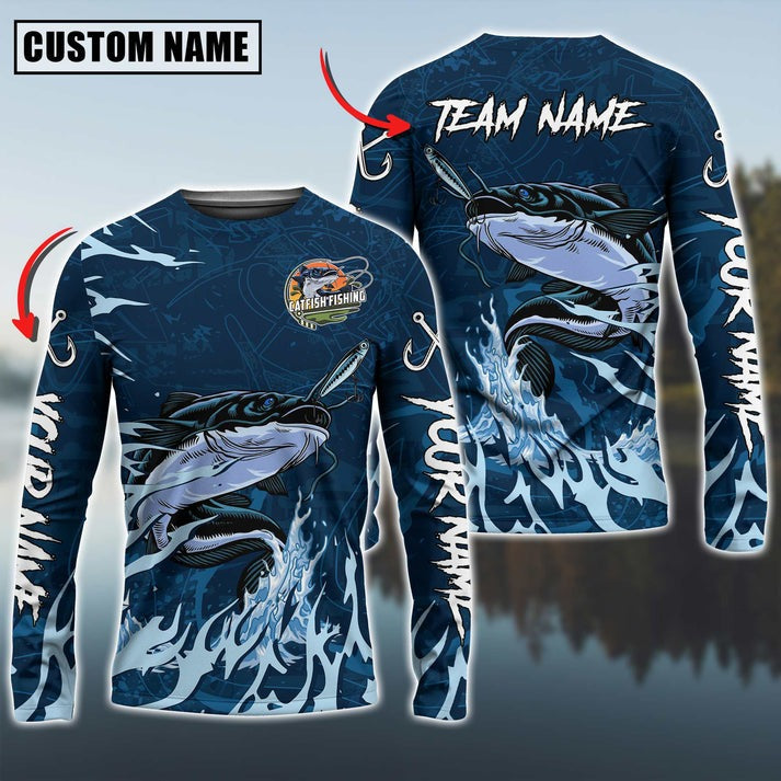 Bluejose Catfish Fishing Navy Water Pattern Custom Name &amp; Team Name 3D Shirts