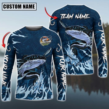 Bluejose Catfish Fishing Navy Water Pattern Custom Name & Team Name 3D Shirts