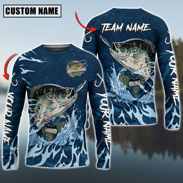 Bluejose Crappie Fishing Navy Water Pattern Custom Name &amp; Team Name 3D Shirts