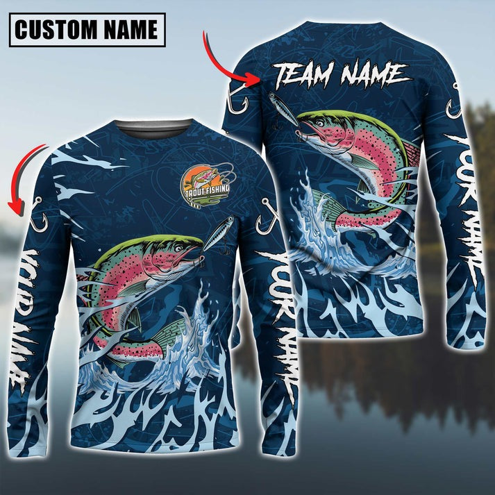 Bluejose Trout Fishing Navy Water Pattern Custom Name &amp; Team Name 3D Shirts