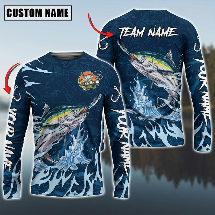 Bluejose Tuna Fishing Navy Water Pattern Custom Name &amp; Team Name 3D Shirts