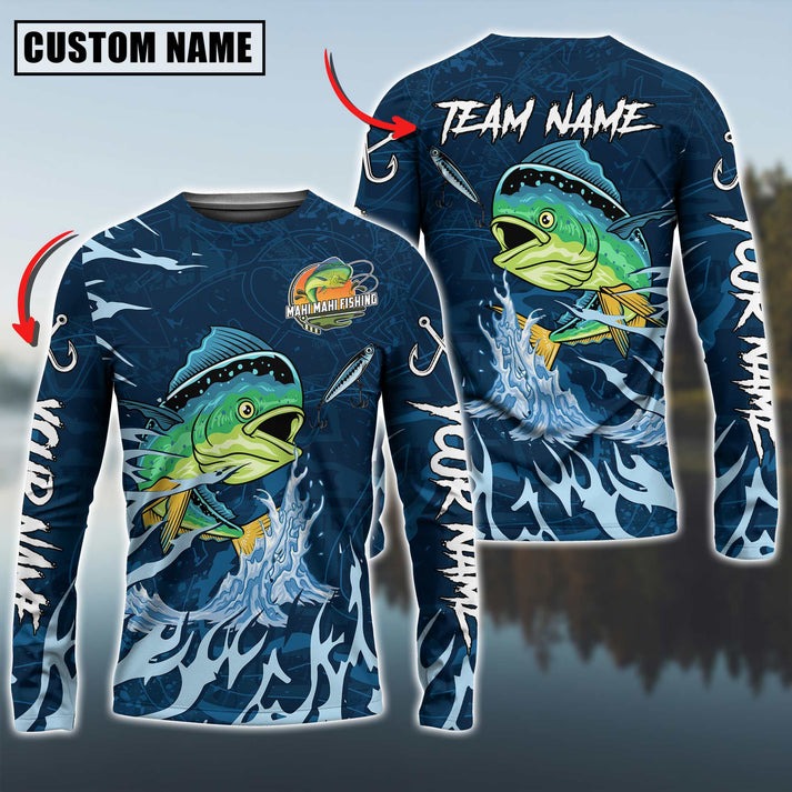 Bluejose Mahi-Mahi Fishing Navy Water Pattern Custom Name &amp; Team Name 3D Shirts