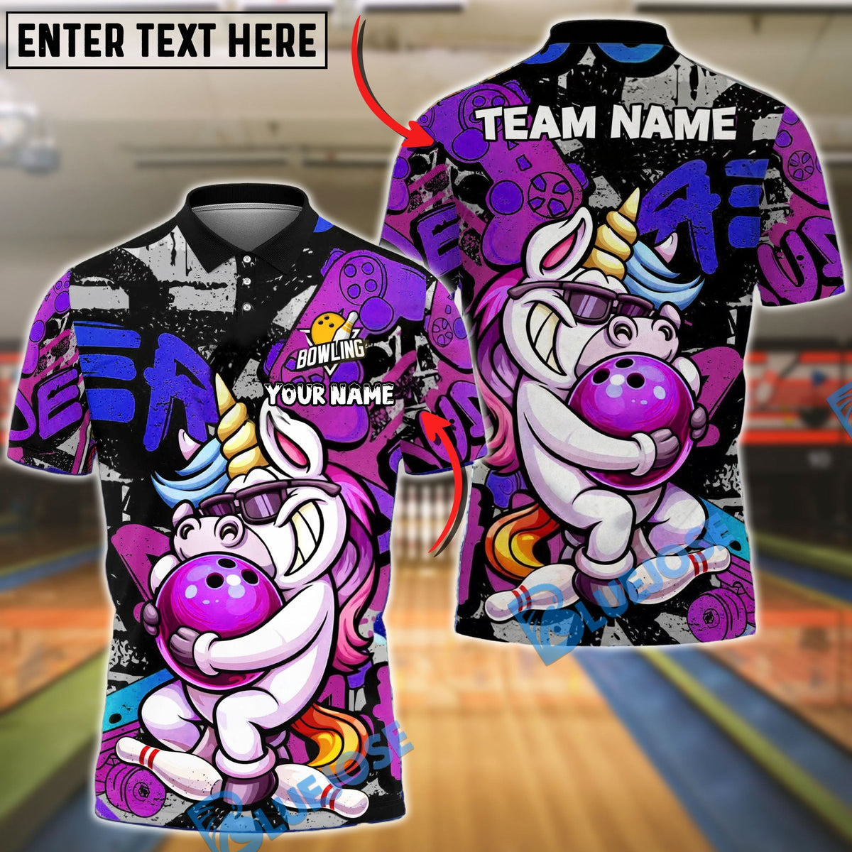 BlueJose Bowling And Pins Unicorn Funny Cartoon Hug Ball Customized Name, Team Name 3D Shirt (4 Colors)