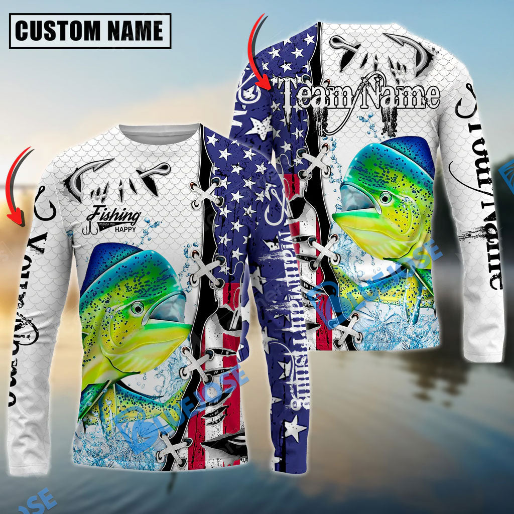 Bluejose Mahi-Mahi Fishing American Flag Splash Custom Name &amp; Team Name 3D Shirts