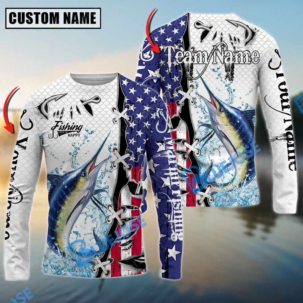 Bluejose Marlin Fishing American Flag Splash Custom Name &amp; Team Name 3D Shirts