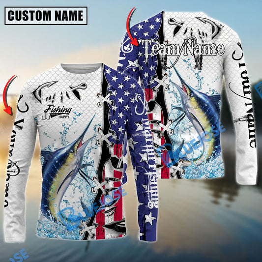 Bluejose Marlin Fishing American Flag Splash Custom Name & Team Name 3D Shirts