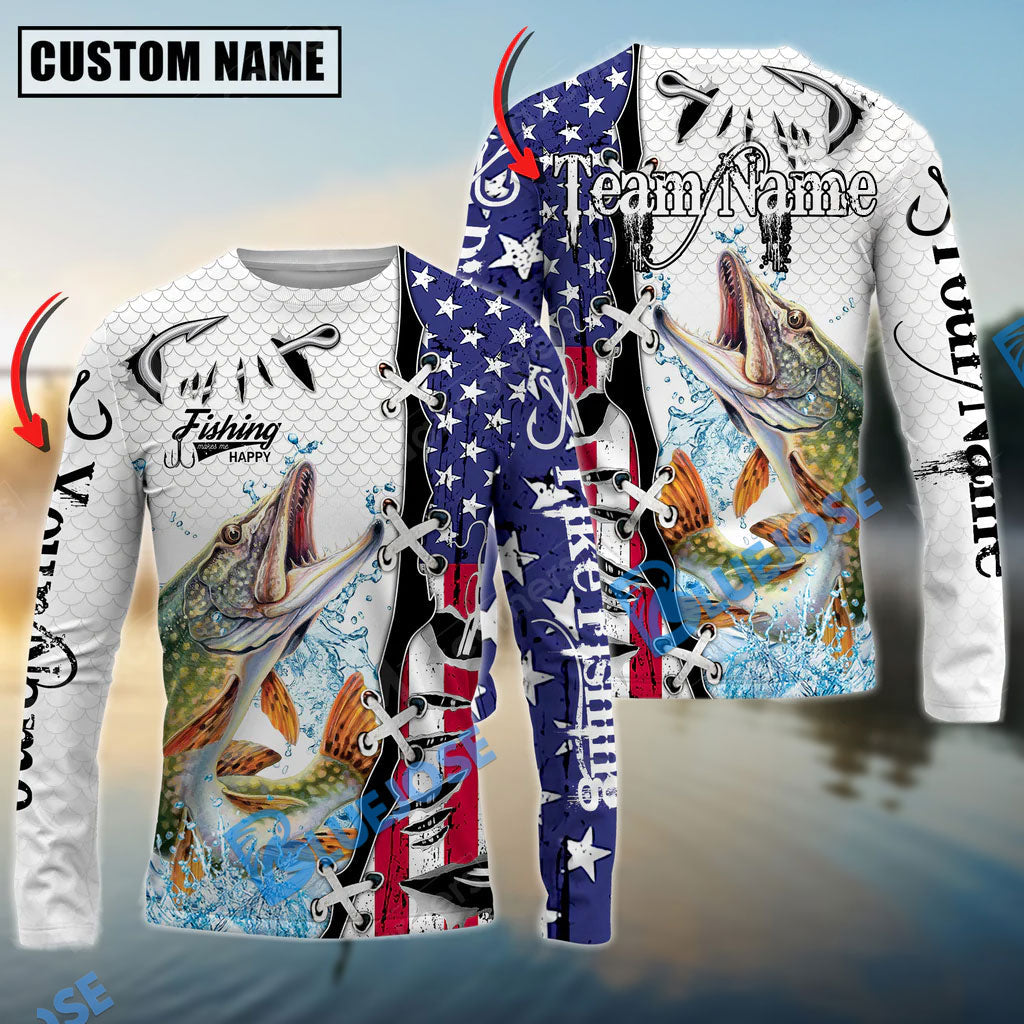 Bluejose Pike Fishing American Flag Splash Custom Name &amp; Team Name 3D Shirts