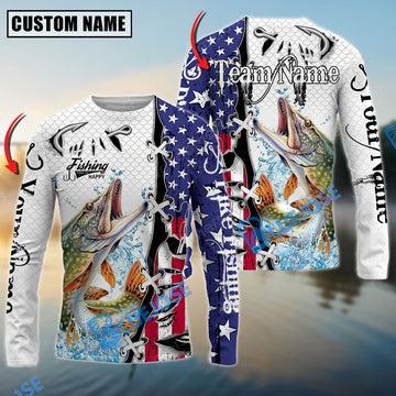 Bluejose Pike Fishing American Flag Splash Custom Name & Team Name 3D Shirts