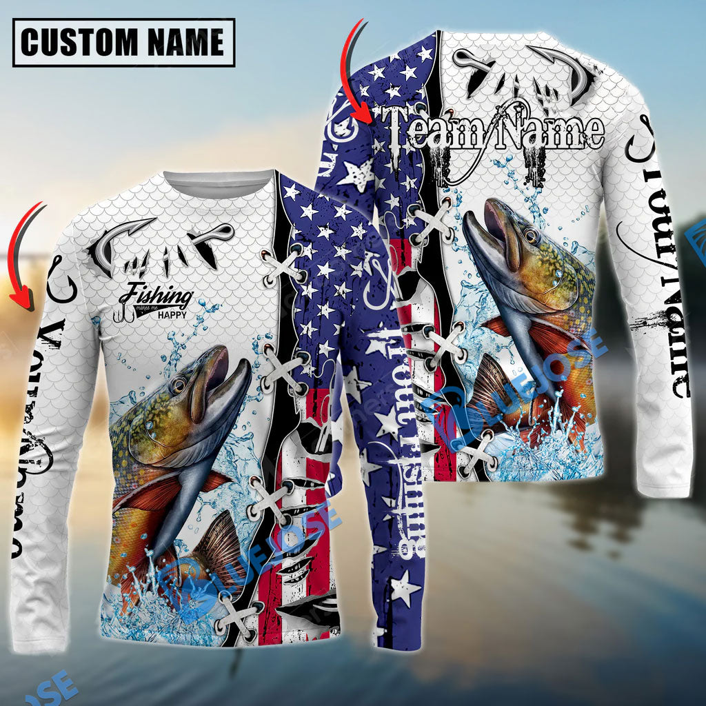 Bluejose Trout Fishing American Flag Splash Custom Name &amp; Team Name 3D Shirts