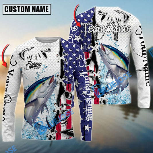 Bluejose Tuna Fishing American Flag Splash Custom Name & Team Name 3D Shirts