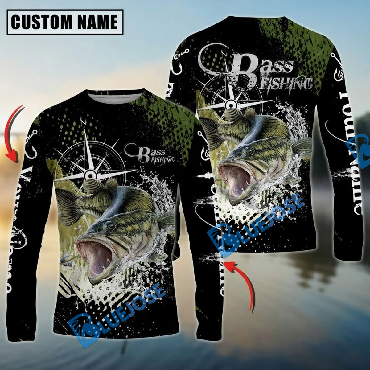 Bluejose Bass Fishing Compass Splash Custom Name &amp; Team Name 3D Shirts