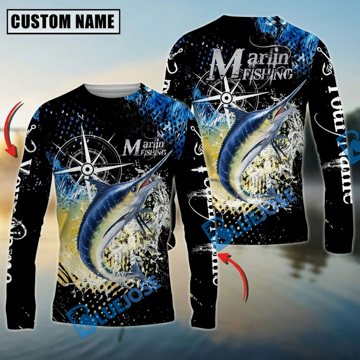 Bluejose Marlin Fishing Compass Splash Custom Name &amp; Team Name 3D Shirts