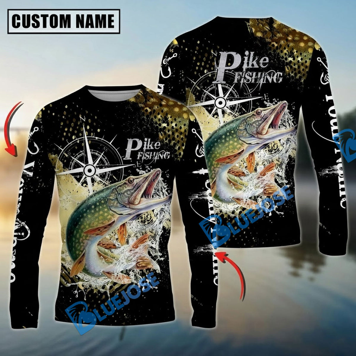 Bluejose Pike Fishing Compass Splash Custom Name &amp; Team Name 3D Shirts