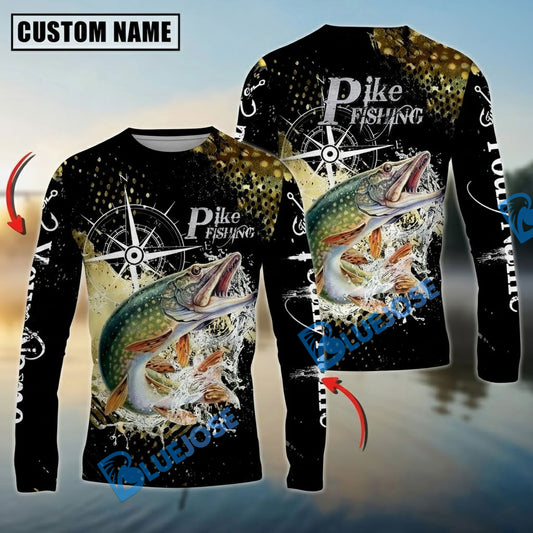 Bluejose Pike Fishing Compass Splash Custom Name & Team Name 3D Shirts