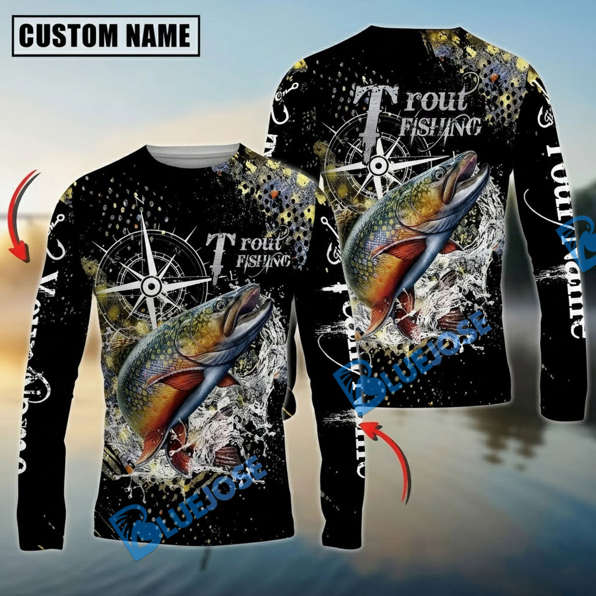 Bluejose Trout Fishing Compass Splash Custom Name &amp; Team Name 3D Shirts