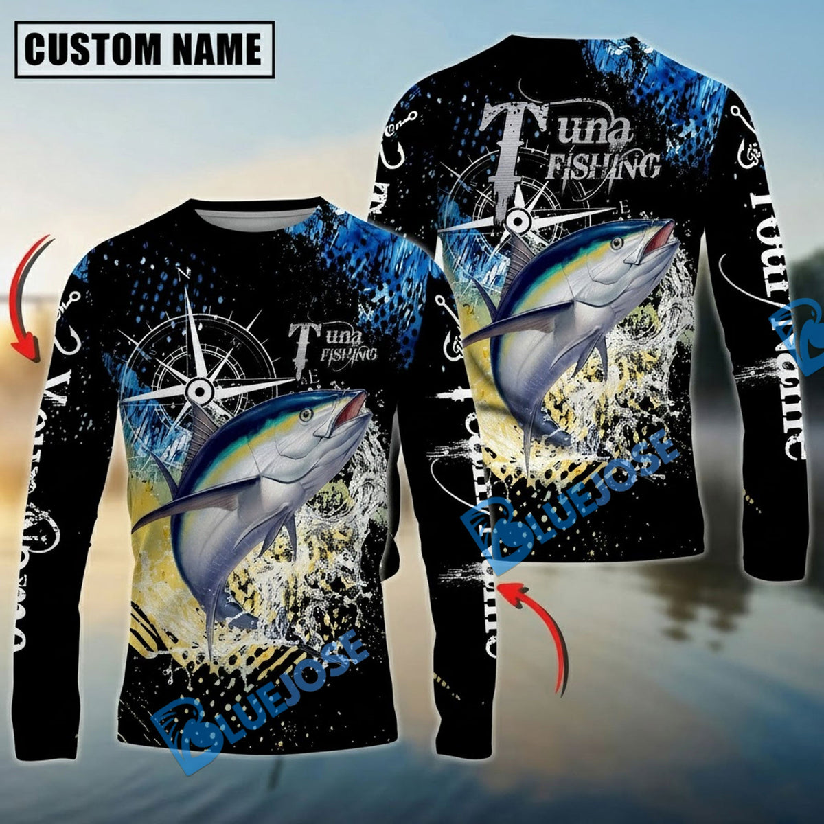 Bluejose Tuna Fishing Compass Splash Custom Name &amp; Team Name 3D Shirts