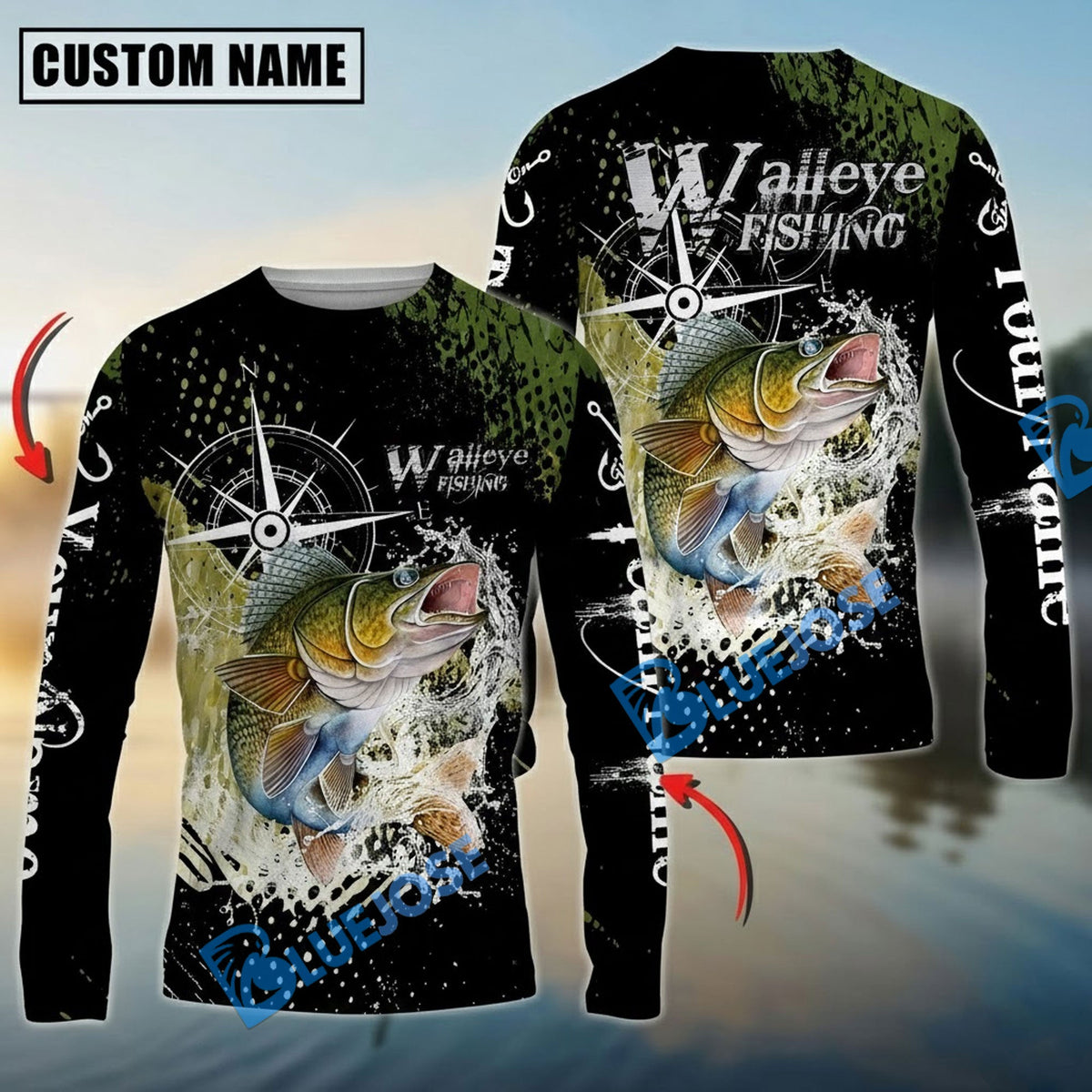 Bluejose Walleye Fishing Compass Splash Custom Name &amp; Team Name 3D Shirts