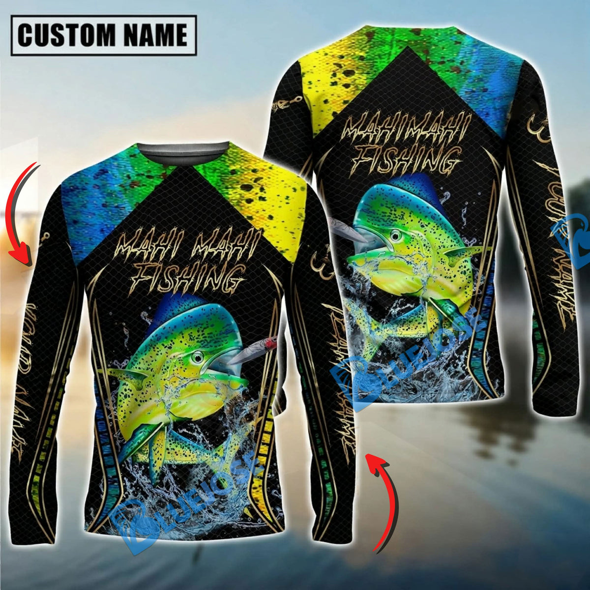 Bluejose Golden Mahi-Mahi Fishing Jumping Design Custom Name &amp; Team Name 3D Shirts