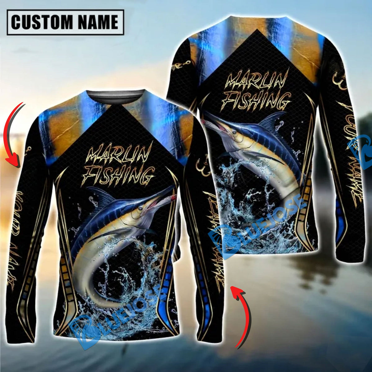 Bluejose Golden Marlin Fishing Jumping Design Custom Name &amp; Team Name 3D Shirts