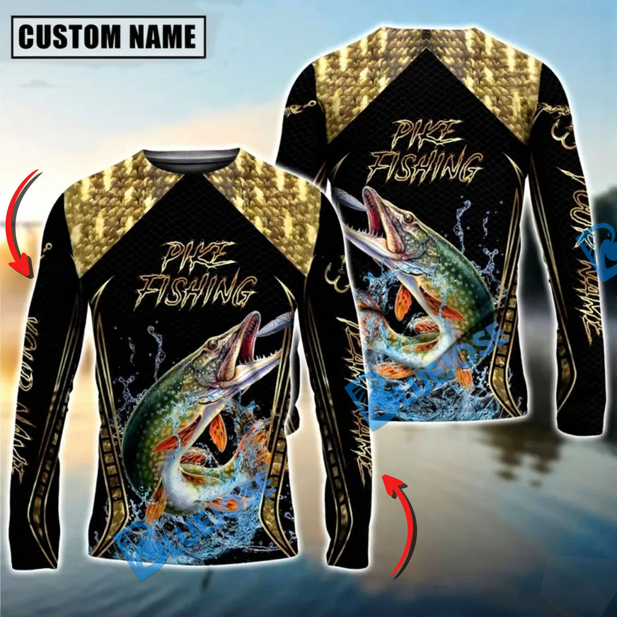Bluejose Golden Pike Fishing Jumping Design Custom Name &amp; Team Name 3D Shirts