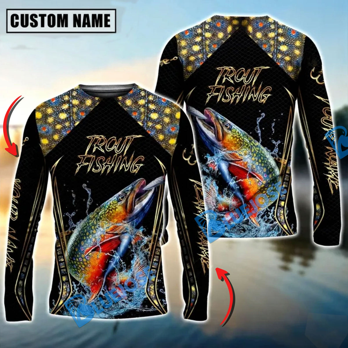 Bluejose Golden Trout Fishing Jumping Design Custom Name &amp; Team Name 3D Shirts