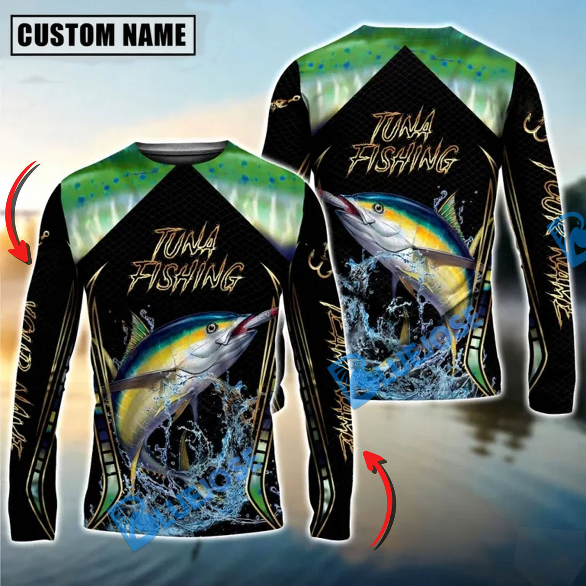 Bluejose Golden Tuna Fishing Jumping Design Custom Name &amp; Team Name 3D Shirts