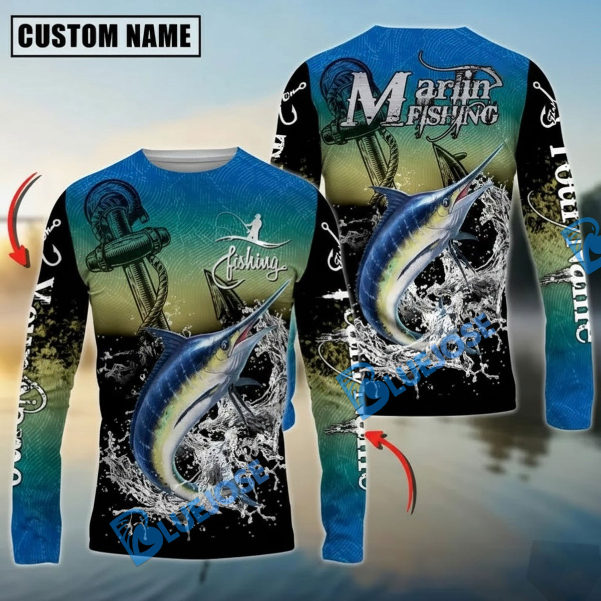 Bluejose Marlin Fishing Anchor Design Custom Name &amp; Team Name 3D Shirts
