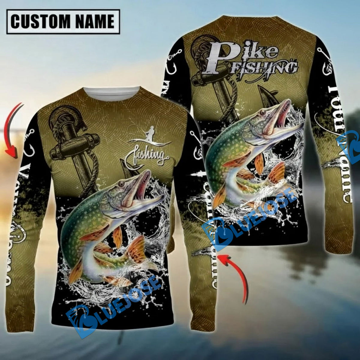 Bluejose Pike Fishing Anchor Design Custom Name &amp; Team Name 3D Shirts
