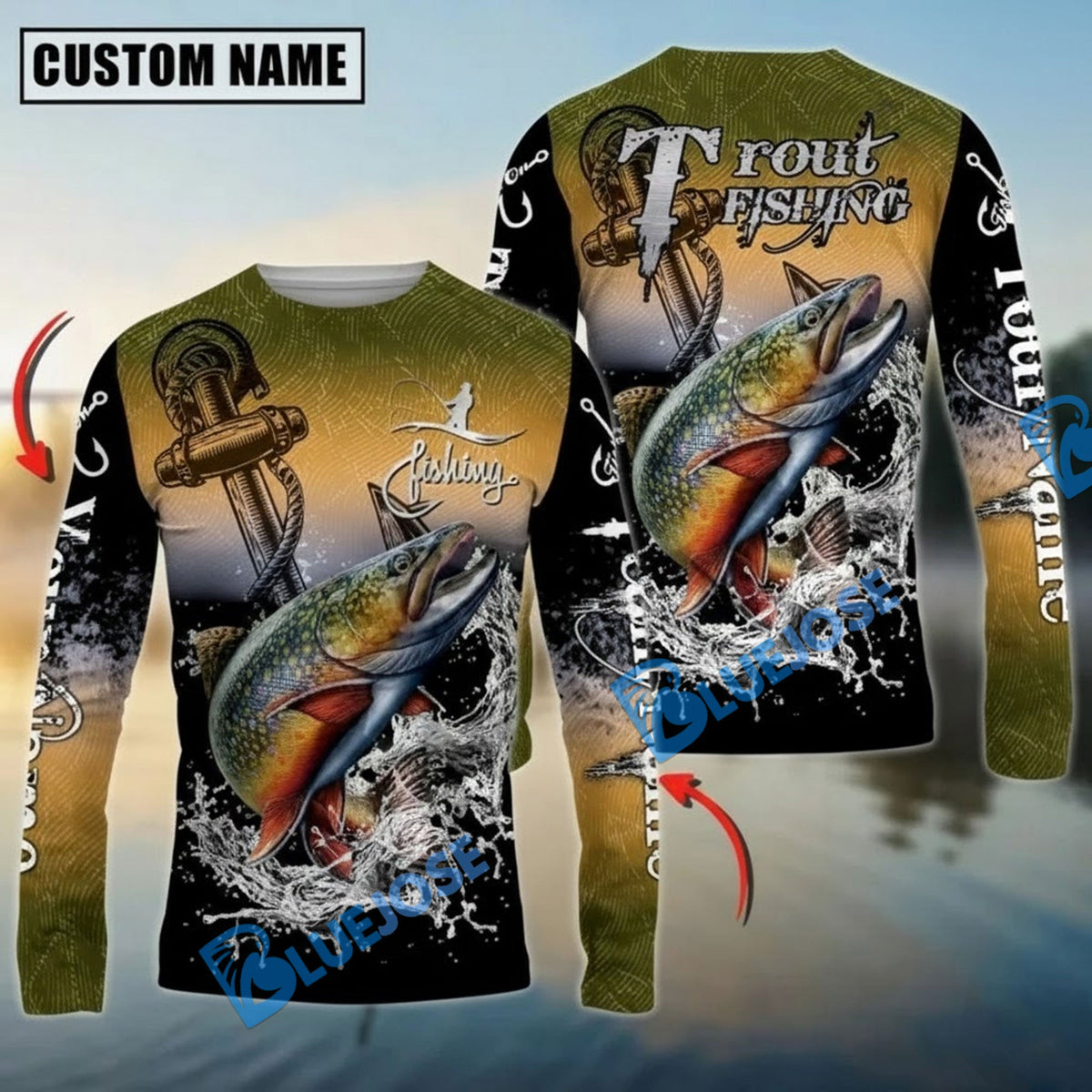 Bluejose Trout Fishing Anchor Design Custom Name &amp; Team Name 3D Shirts