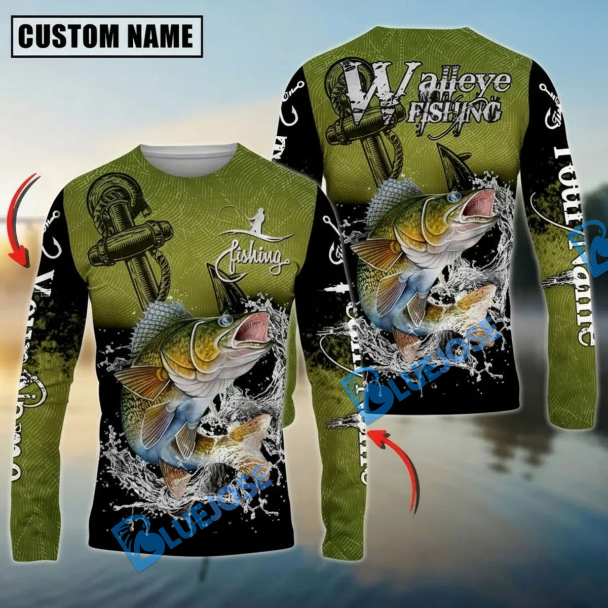 Bluejose Walleye Fishing Anchor Design Custom Name &amp; Team Name 3D Shirts