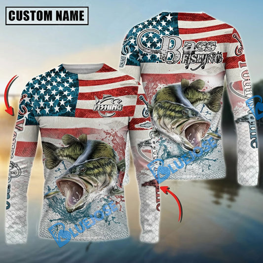 Bluejose Bass Fishing American Flag Splash Design Custom Name & Team Name 3D Shirts