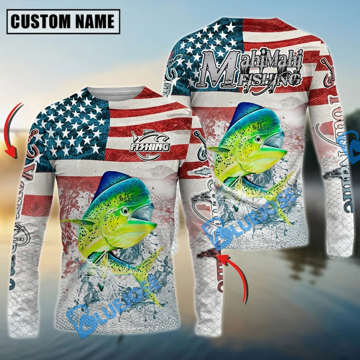 Bluejose Mahi-mahi Fishing American Flag Splash Design Custom Name &amp; Team Name 3D Shirts