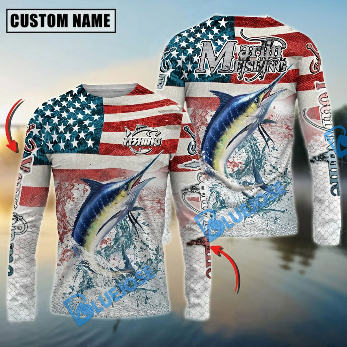 Bluejose Marlin Fishing American Flag Splash Design Custom Name &amp; Team Name 3D Shirts
