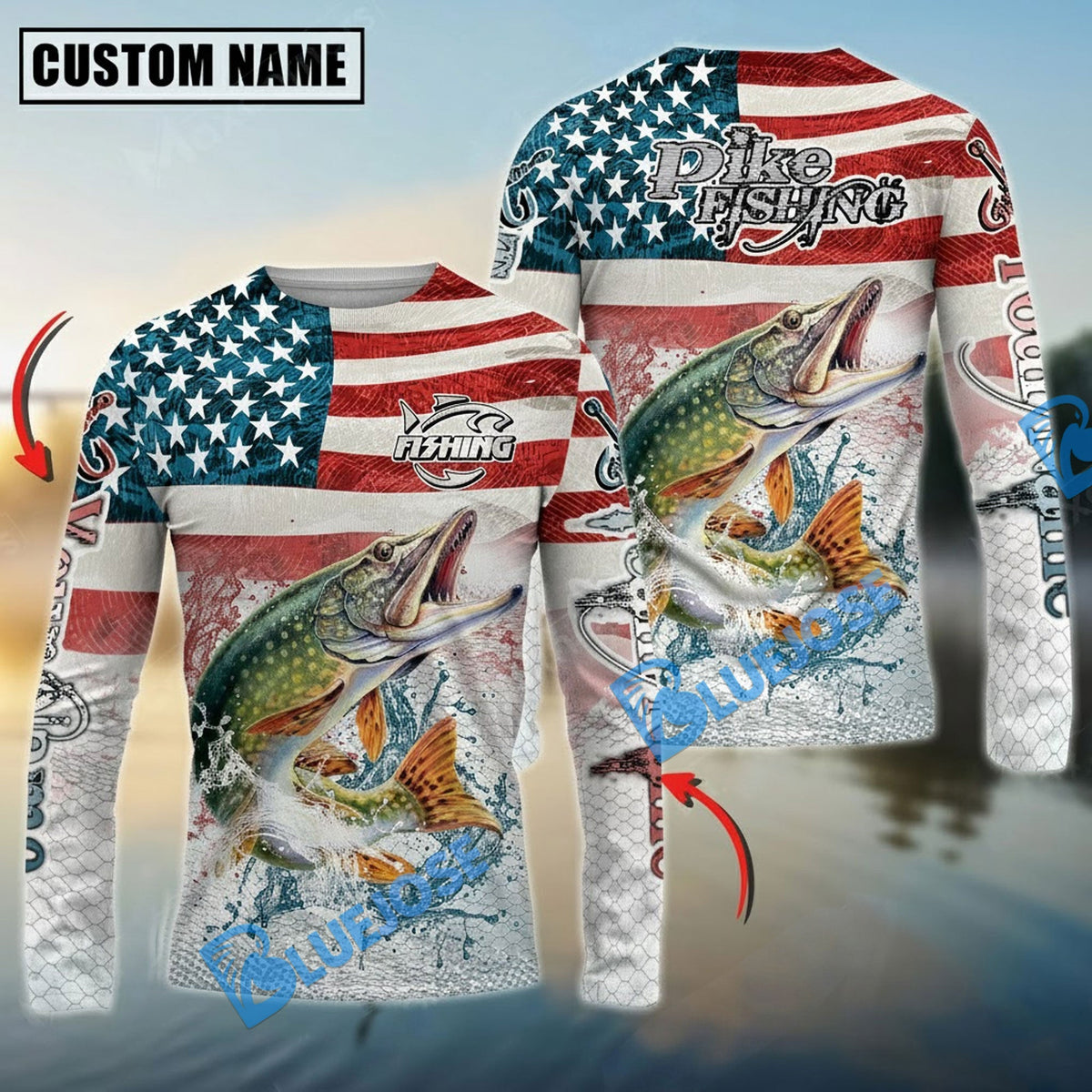 Bluejose Pike Fishing American Flag Splash Design Custom Name &amp; Team Name 3D Shirts