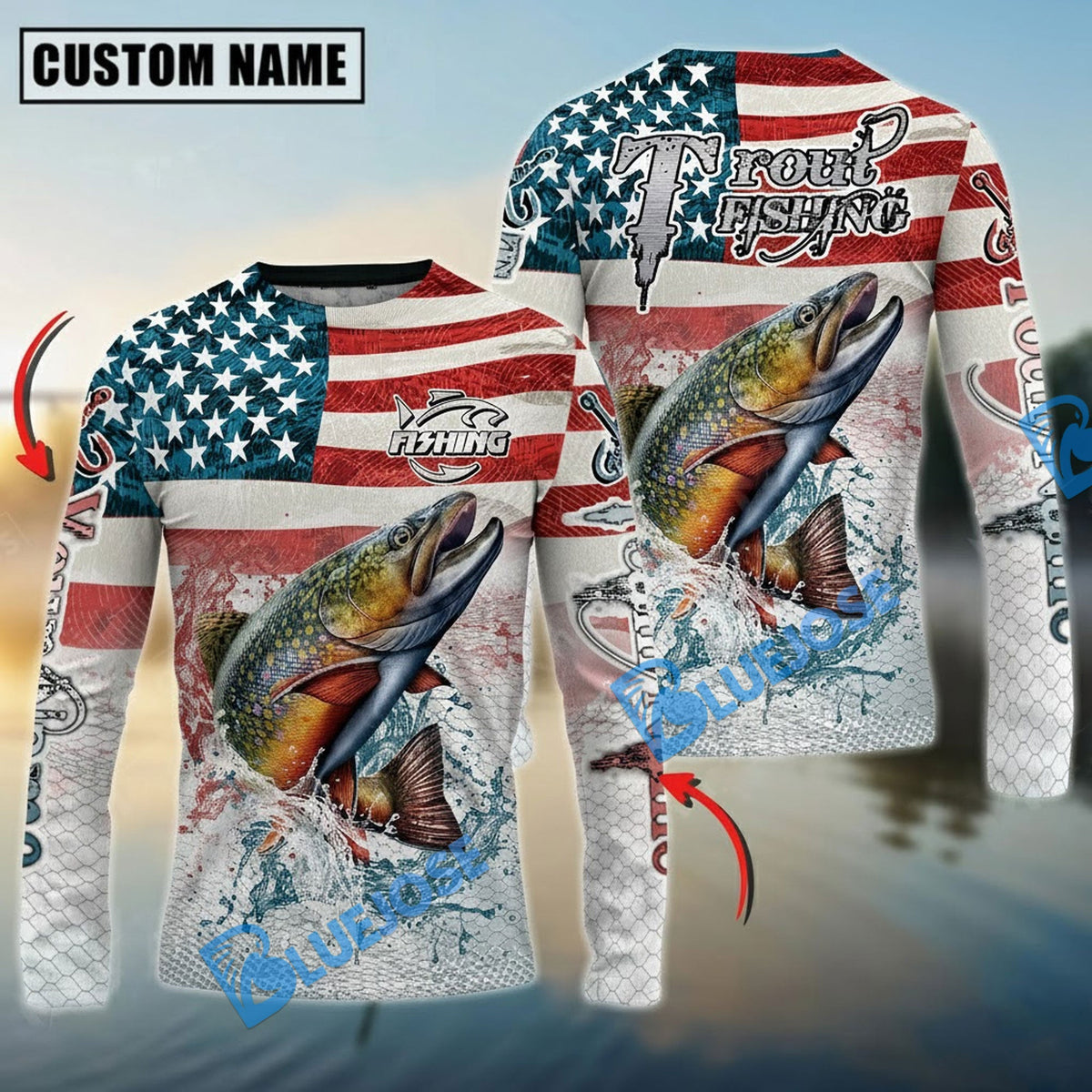 Bluejose Trout Fishing American Flag Splash Design Custom Name &amp; Team Name 3D Shirts