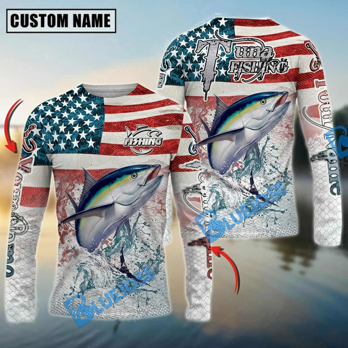 Bluejose Tuna Fishing American Flag Splash Design Custom Name &amp; Team Name 3D Shirts