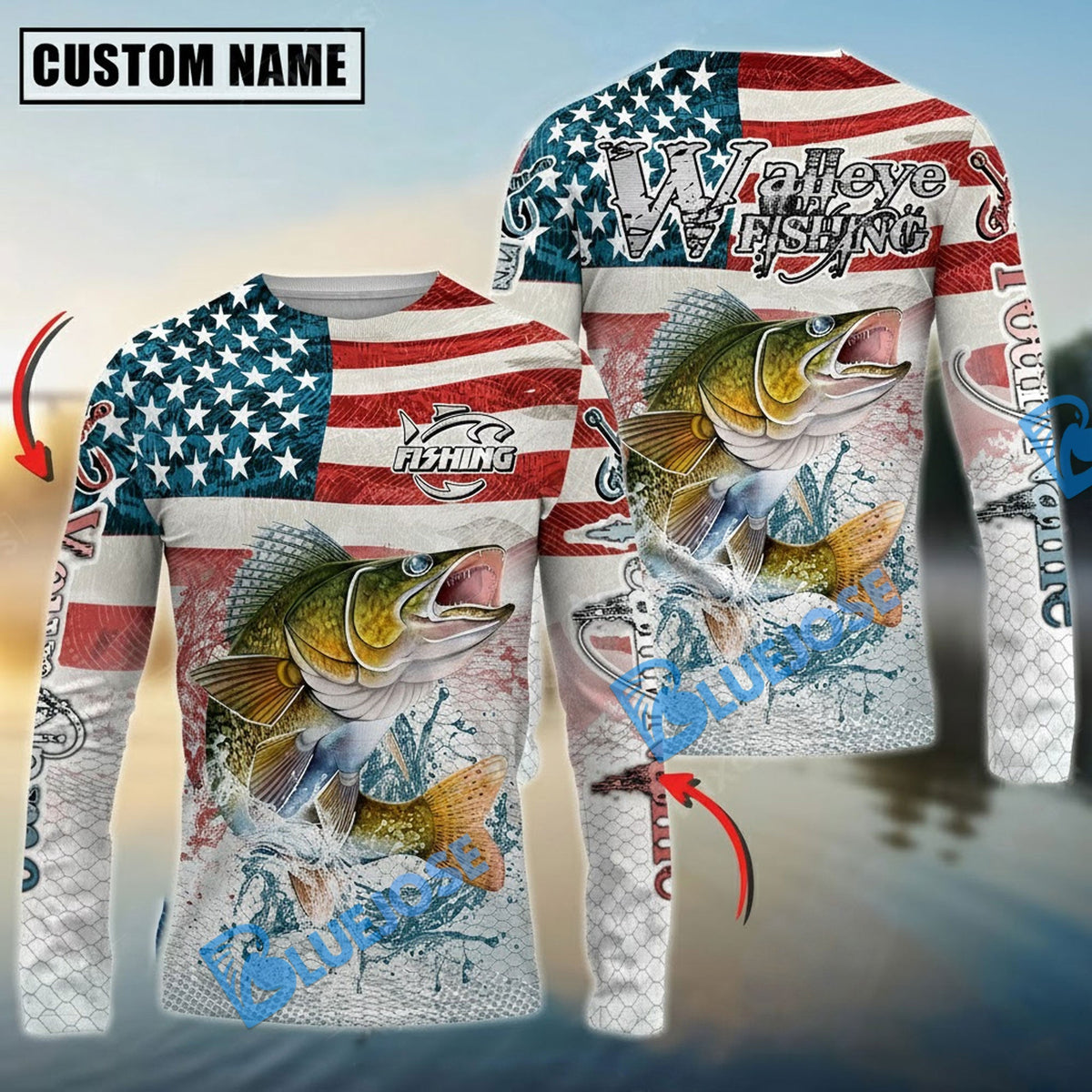 Bluejose Walleye Fishing American Flag Splash Design Custom Name &amp; Team Name 3D Shirts