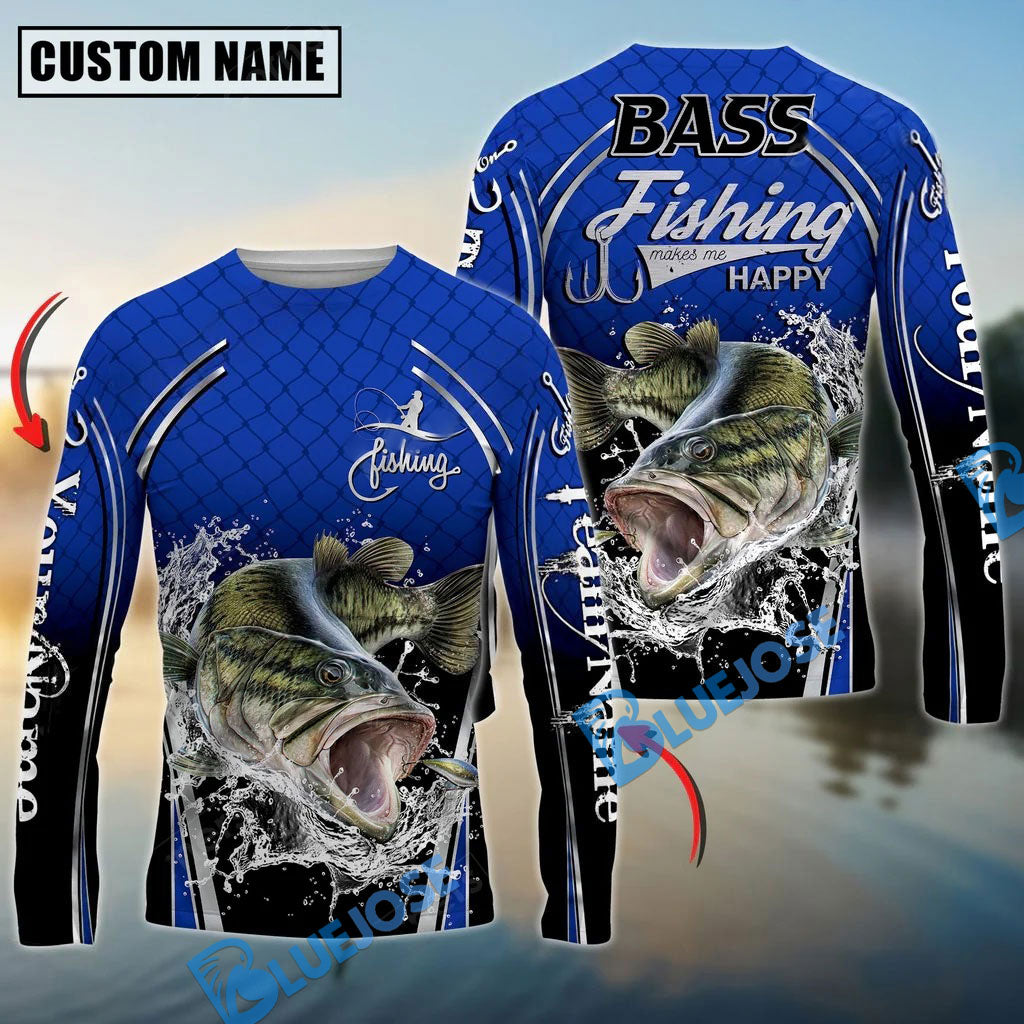 Bluejose Silver Bass Fishing Makes Me Happy Splashing Water Custom Name &amp; Team Name 3D Shirts