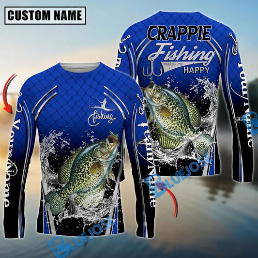Bluejose Silver Crappie Fishing Makes Me Happy Splashing Water Custom Name & Team Name 3D Shirts
