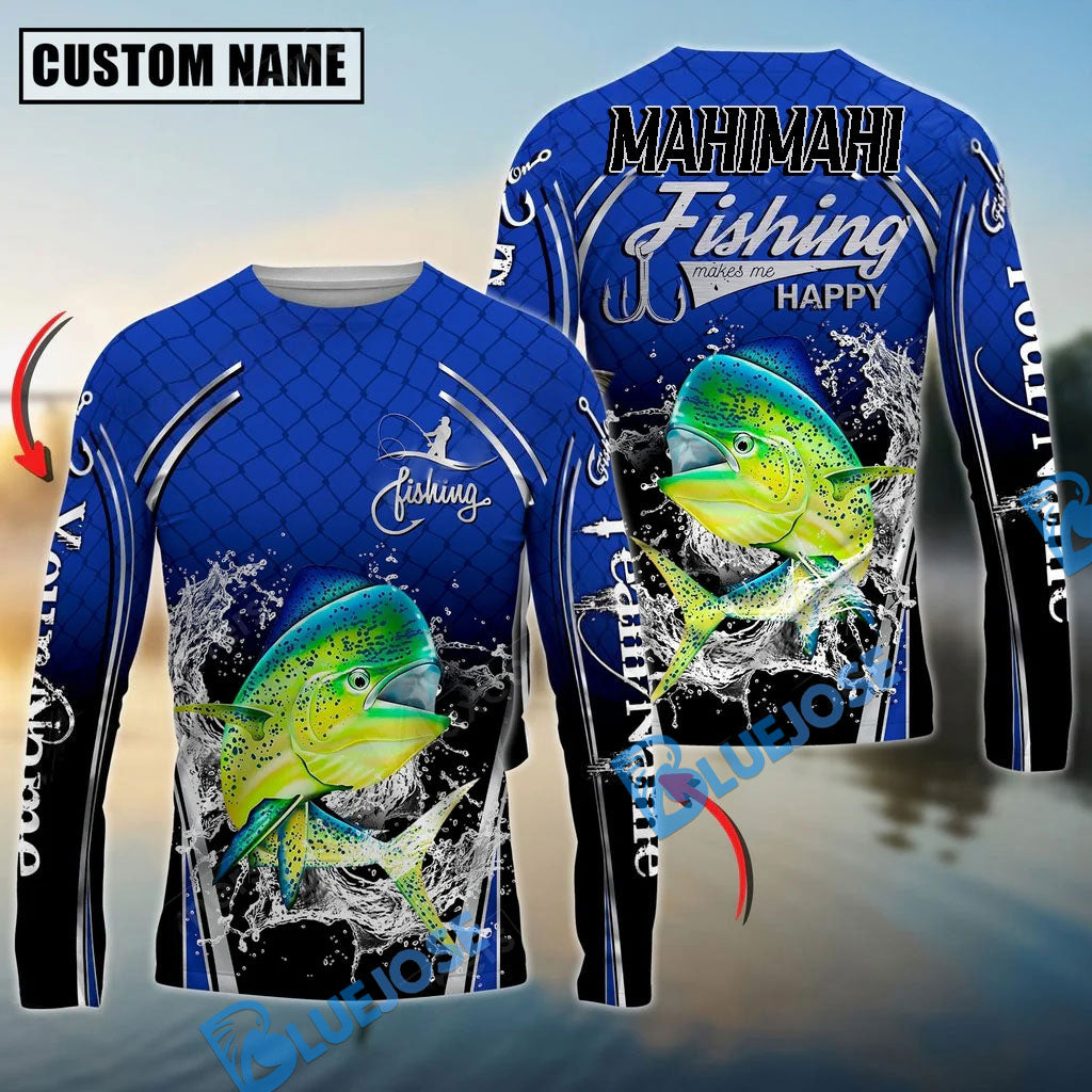 Bluejose Silver Mahi-Mahi Fishing Makes Me Happy Splashing Water Custom Name &amp; Team Name 3D Shirts