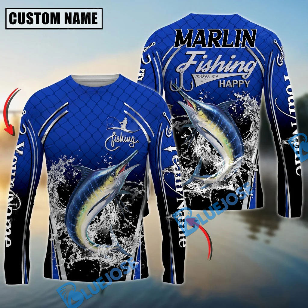 Bluejose Silver Marlin Fishing Makes Me Happy Splashing Water Custom Name &amp; Team Name 3D Shirts