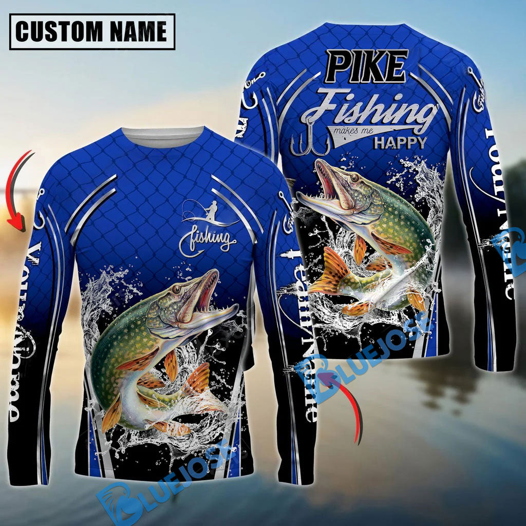 Bluejose Silver Pike Fishing Makes Me Happy Splashing Water Custom Name &amp; Team Name 3D Shirts