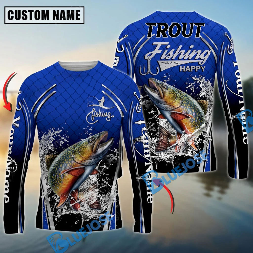 Bluejose Silver Trout Fishing Makes Me Happy Splashing Water Custom Name &amp; Team Name 3D Shirts
