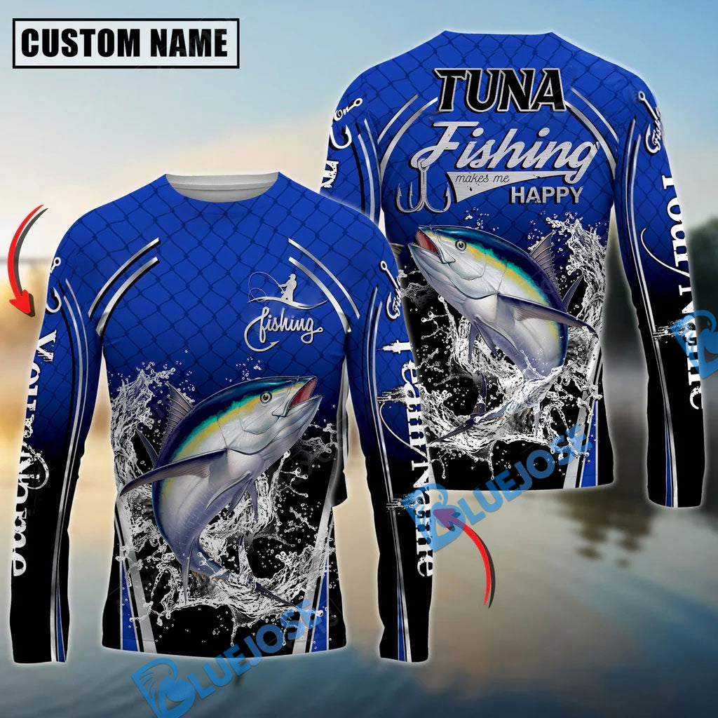Bluejose Silver Tuna Fishing Makes Me Happy Splashing Water Custom Name &amp; Team Name 3D Shirts