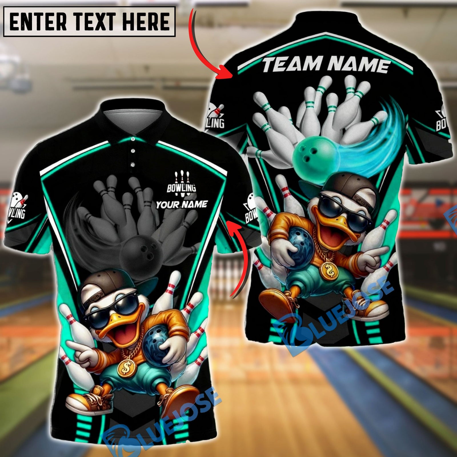 BlueJose Bowling & Pins Hip Hop Duck Strike Customized Name, Team Name 3D Shirt (4 Colors)