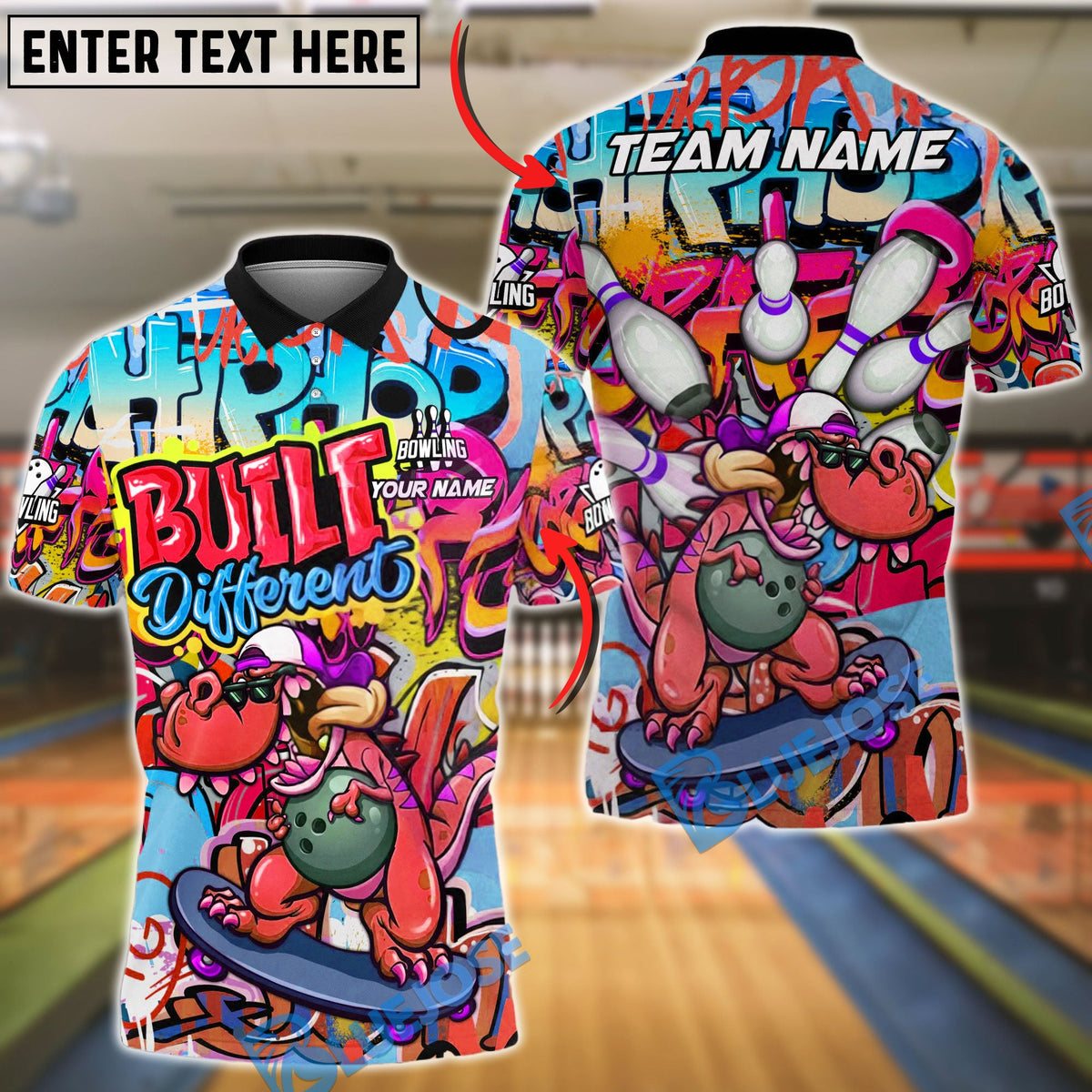 BlueJose Bowling &amp; Pins Built Different Skateboard Dinosaur Graffiti Customized Name, Team Name 3D Shirt (4 Colors)