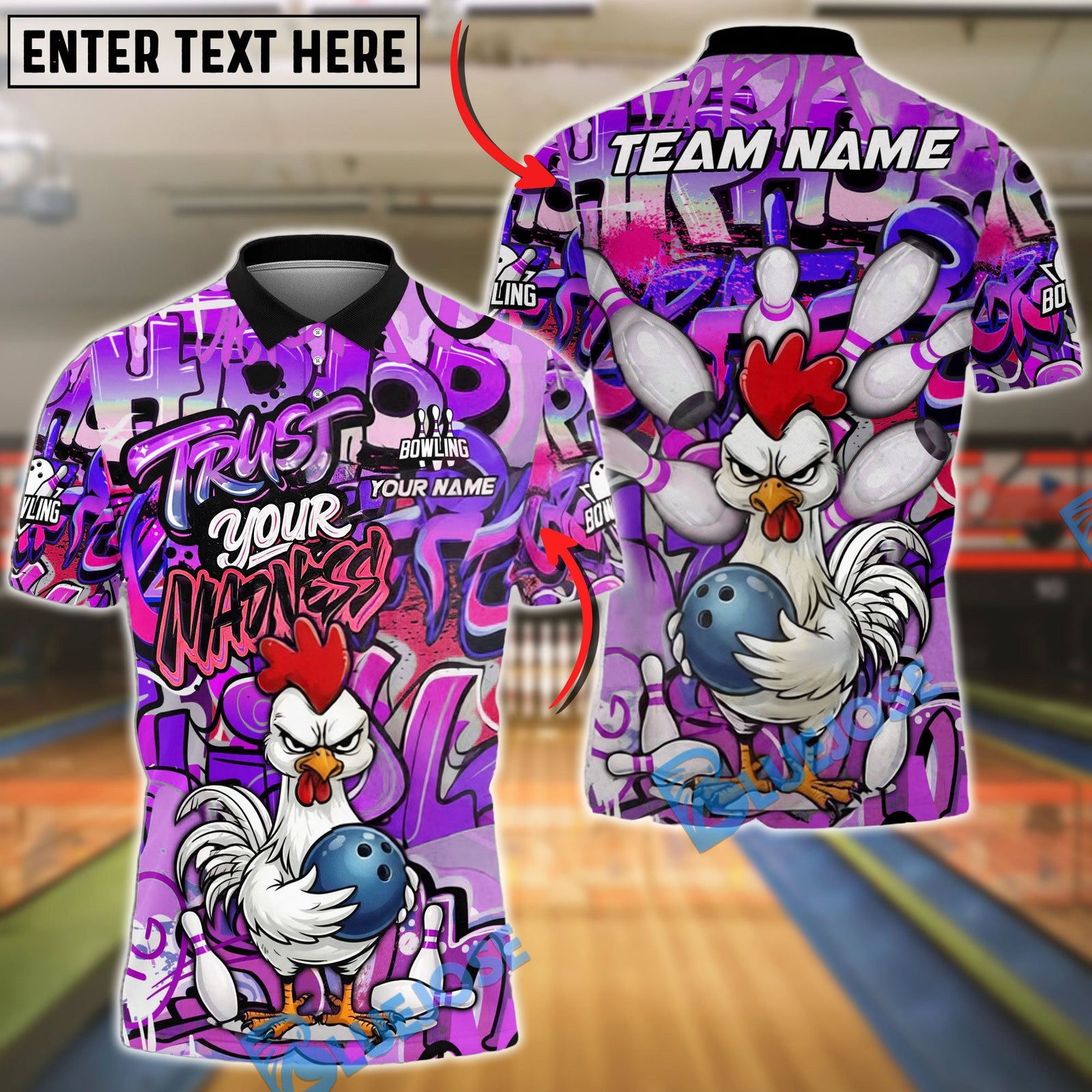 BlueJose Bowling & Pins Trust Your Madness Angry Rooster Graffiti Customized Name, Team Name 3D Shirt (4 Colors)